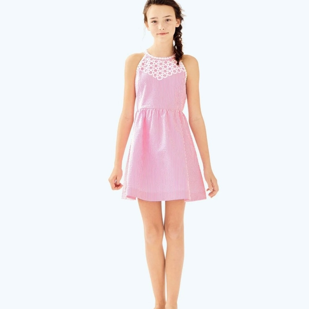 Lilly Pulitzer Girls Kinley Dress Pink Cosmo Yarn Dyed Stripe Seersucker Size 10